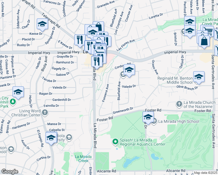 map of restaurants, bars, coffee shops, grocery stores, and more near 15105 Aloe Drive in La Mirada