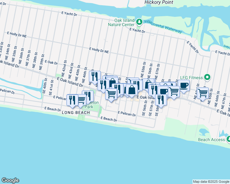 map of restaurants, bars, coffee shops, grocery stores, and more near 5016 East Oak Island Drive in Oak Island