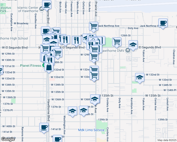 map of restaurants, bars, coffee shops, grocery stores, and more near 4052 West 132nd Street in Hawthorne