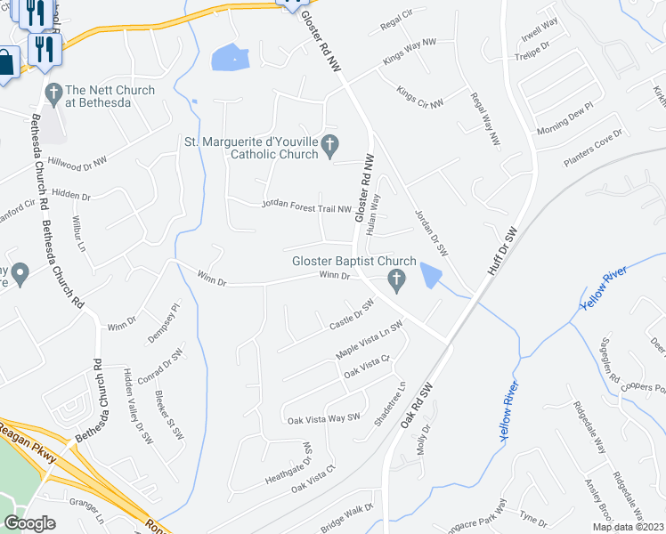 map of restaurants, bars, coffee shops, grocery stores, and more near 2847 Winn Drive in Lawrenceville