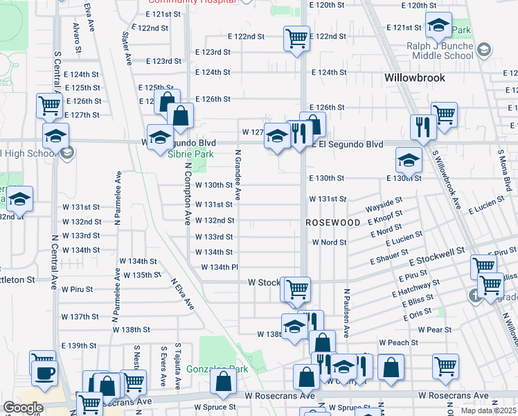 map of restaurants, bars, coffee shops, grocery stores, and more near 916 West 131st Street in Compton