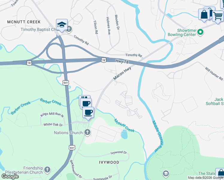 map of restaurants, bars, coffee shops, grocery stores, and more near 1015 Macon Highway in Athens