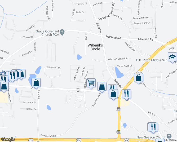 map of restaurants, bars, coffee shops, grocery stores, and more near 218 Cobbler Cove Drive in Dallas