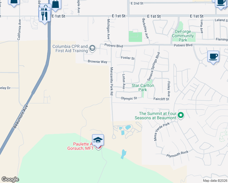 map of restaurants, bars, coffee shops, grocery stores, and more near 205 Logan Avenue in Beaumont