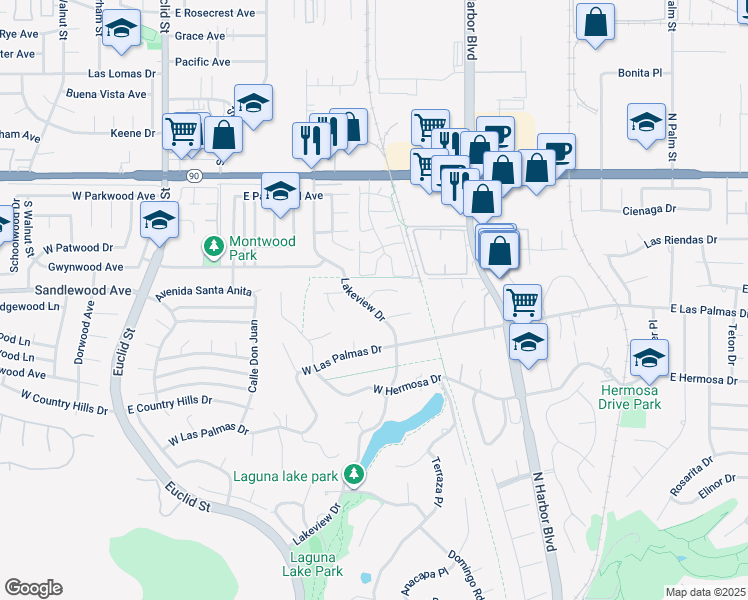 map of restaurants, bars, coffee shops, grocery stores, and more near 448 West Moderno Place in Fullerton