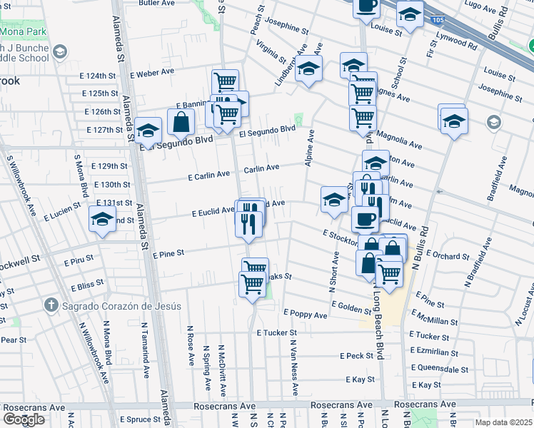 map of restaurants, bars, coffee shops, grocery stores, and more near 3157 Euclid Avenue in Lynwood
