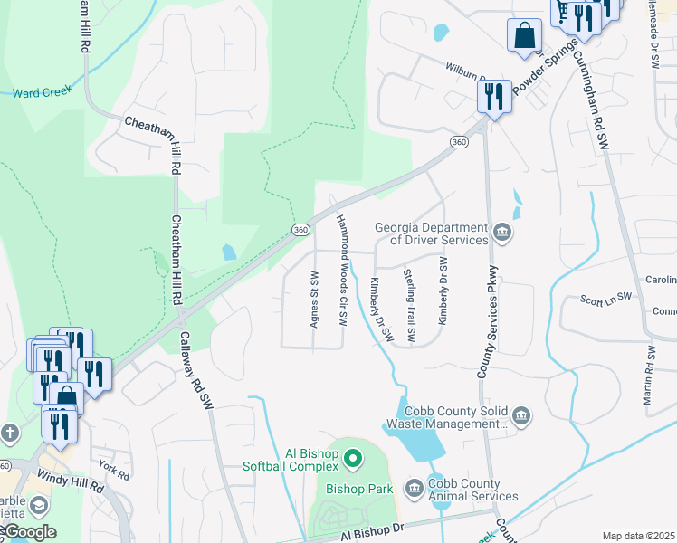 map of restaurants, bars, coffee shops, grocery stores, and more near 1237 Samuel Street Southwest in Marietta