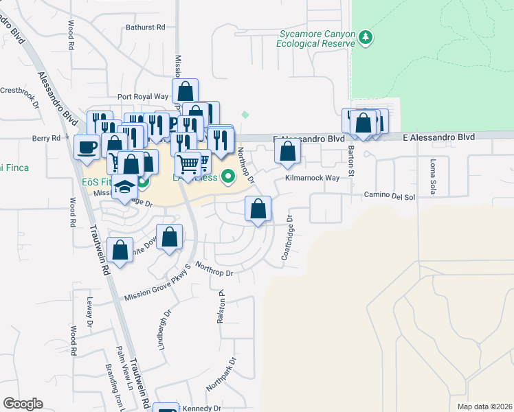 map of restaurants, bars, coffee shops, grocery stores, and more near 7606 Canberra Way in Riverside