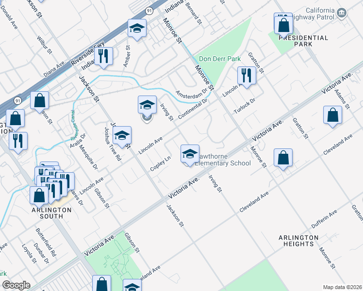 map of restaurants, bars, coffee shops, grocery stores, and more near 2849 Irving Street in Riverside