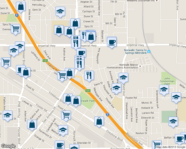map of restaurants, bars, coffee shops, grocery stores, and more near 12812 Sycamore Village Drive in Norwalk