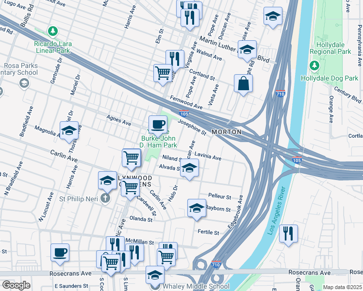 map of restaurants, bars, coffee shops, grocery stores, and more near 11835 Pope Avenue in Lynwood