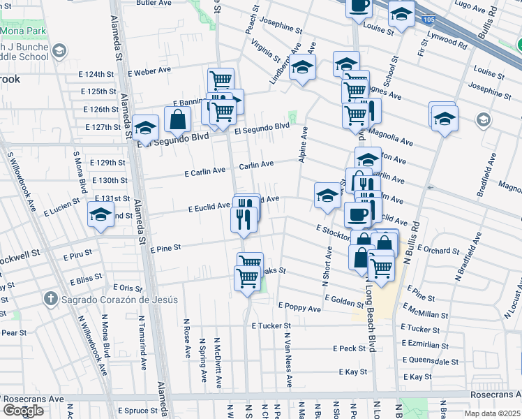map of restaurants, bars, coffee shops, grocery stores, and more near 3157 Euclid Avenue in Lynwood