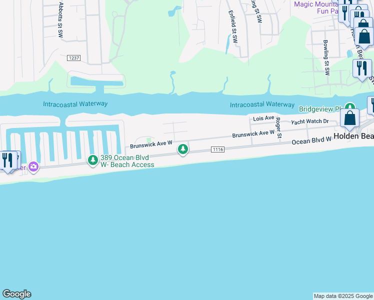 map of restaurants, bars, coffee shops, grocery stores, and more near 289 Brunswick Avenue West in Holden Beach