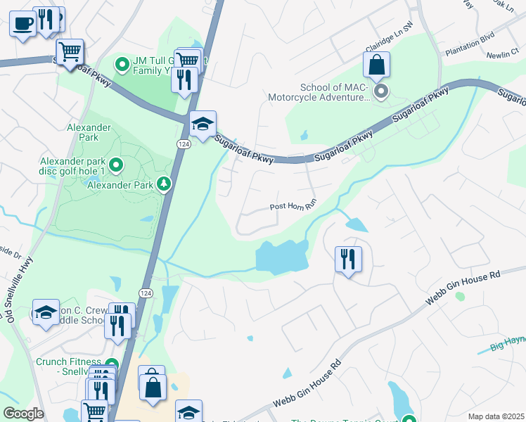map of restaurants, bars, coffee shops, grocery stores, and more near 1012 White Fox Run in Lawrenceville