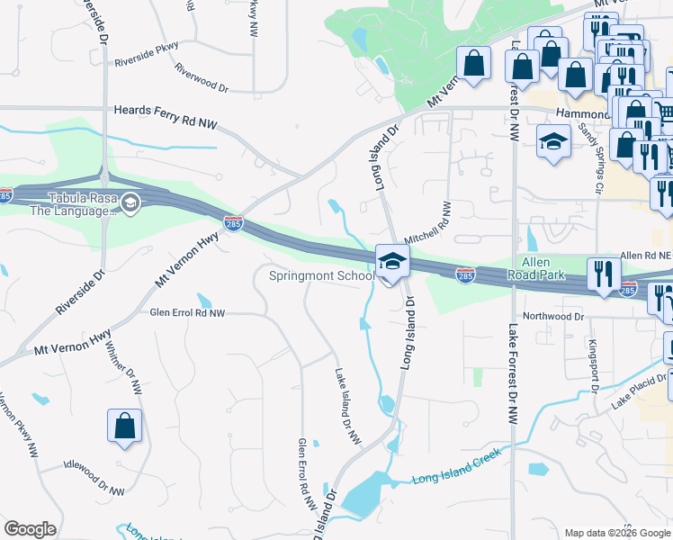 map of restaurants, bars, coffee shops, grocery stores, and more near 265 Glen Lake Drive Northwest in Atlanta