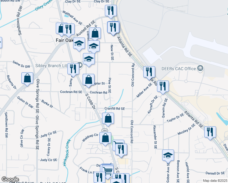 map of restaurants, bars, coffee shops, grocery stores, and more near 1615 Pine Street Southeast in Marietta