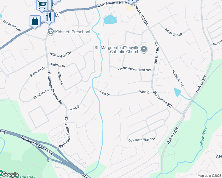 map of restaurants, bars, coffee shops, grocery stores, and more near 2961 Winn Dr in Lawrenceville