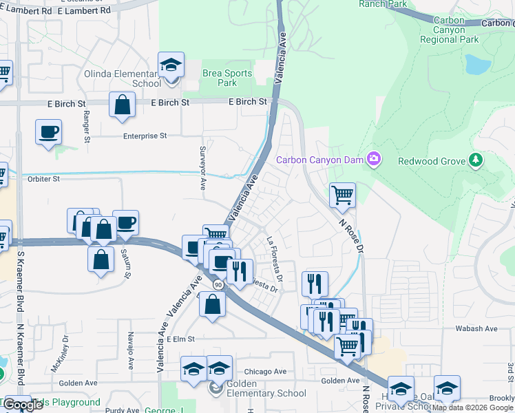 map of restaurants, bars, coffee shops, grocery stores, and more near 3336 Adelante Street in Brea