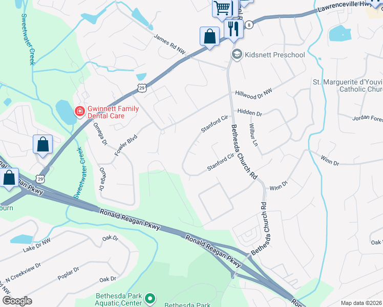 map of restaurants, bars, coffee shops, grocery stores, and more near 3246 Stanford Drive Northwest in Lawrenceville