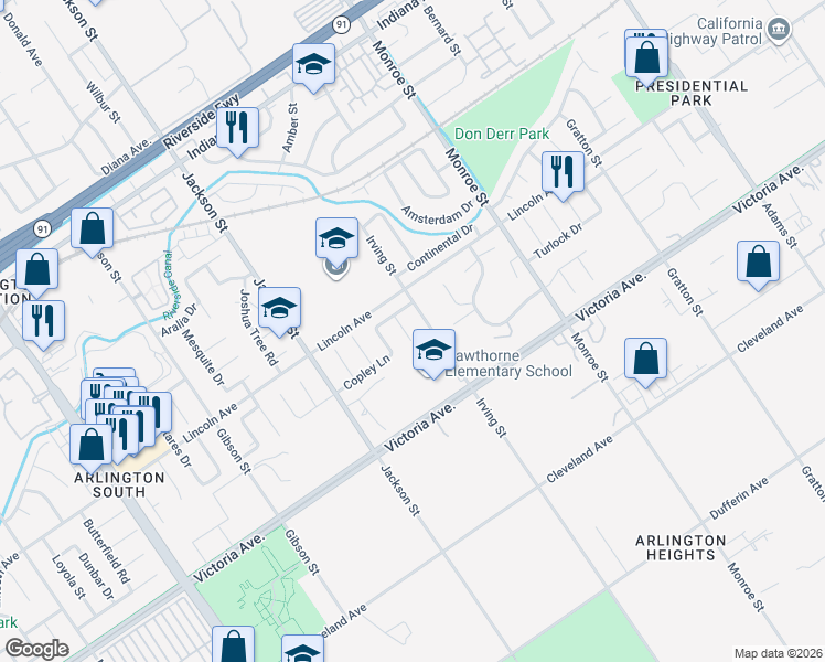 map of restaurants, bars, coffee shops, grocery stores, and more near 2849 Irving Street in Riverside