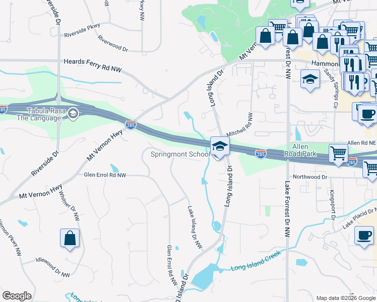map of restaurants, bars, coffee shops, grocery stores, and more near 265 Glen Lake Drive Northwest in Atlanta
