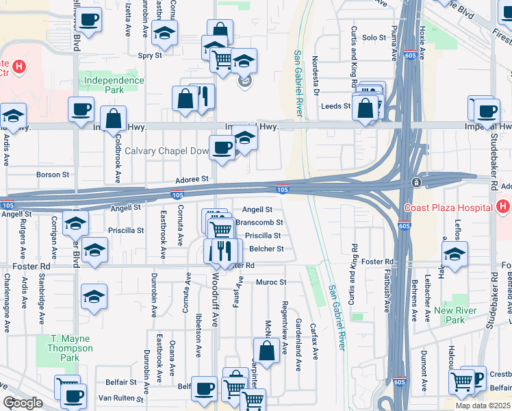 map of restaurants, bars, coffee shops, grocery stores, and more near 10241 Angell Street in Downey