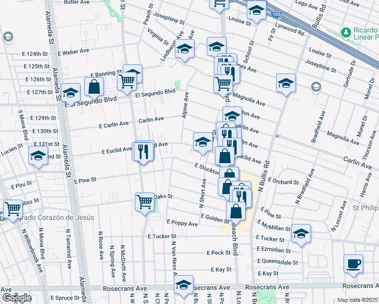 map of restaurants, bars, coffee shops, grocery stores, and more near 3241 Euclid Avenue in Lynwood