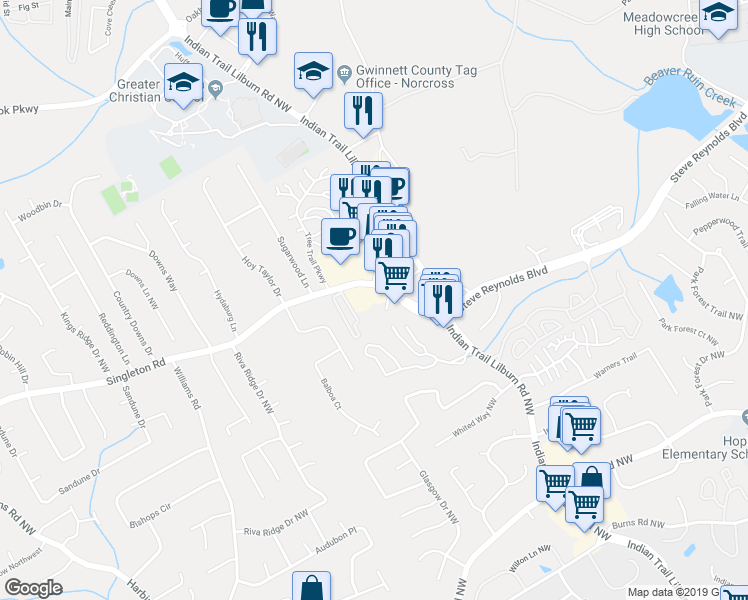 map of restaurants, bars, coffee shops, grocery stores, and more near 5054 Singleton Rd in Norcross