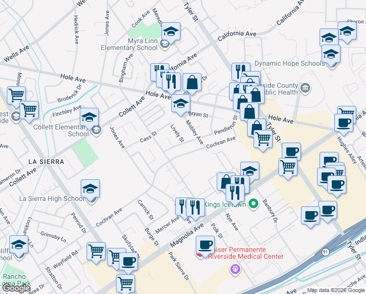 map of restaurants, bars, coffee shops, grocery stores, and more near 10624 Pendleton Street in Riverside