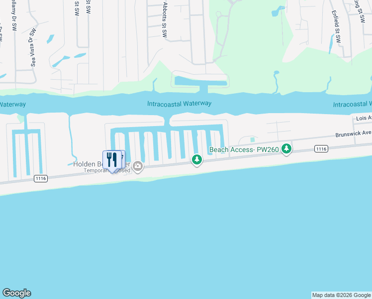 map of restaurants, bars, coffee shops, grocery stores, and more near 126 Raleigh Street in Holden Beach