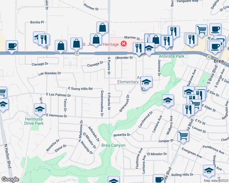 map of restaurants, bars, coffee shops, grocery stores, and more near 515 Linden Way in Brea