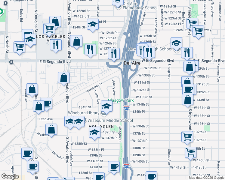 map of restaurants, bars, coffee shops, grocery stores, and more near 5307 132nd Street in Hawthorne