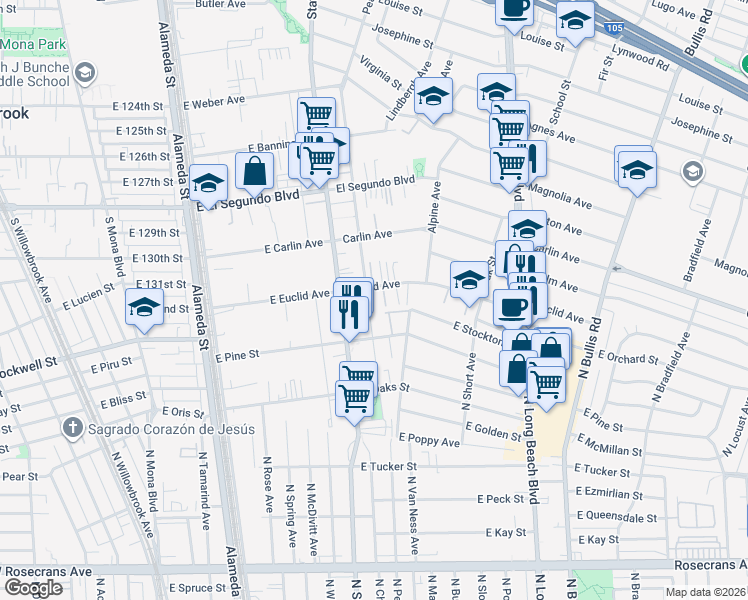 map of restaurants, bars, coffee shops, grocery stores, and more near 3157 Euclid Avenue in Lynwood
