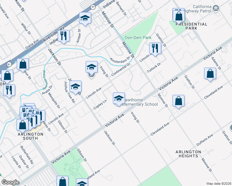 map of restaurants, bars, coffee shops, grocery stores, and more near 2826 Irving Street in Riverside