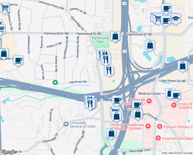 map of restaurants, bars, coffee shops, grocery stores, and more near 106 Beverly Place in Atlanta