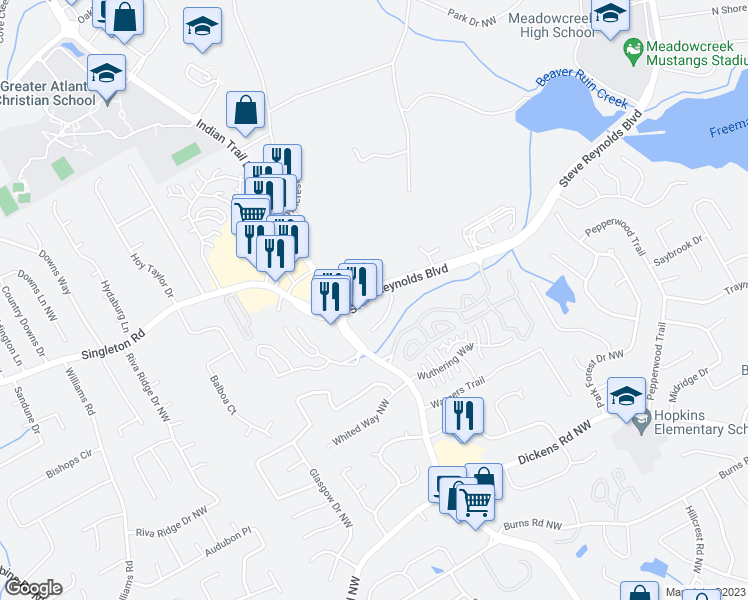 map of restaurants, bars, coffee shops, grocery stores, and more near 4966 Steve Reynolds Boulevard in Norcross