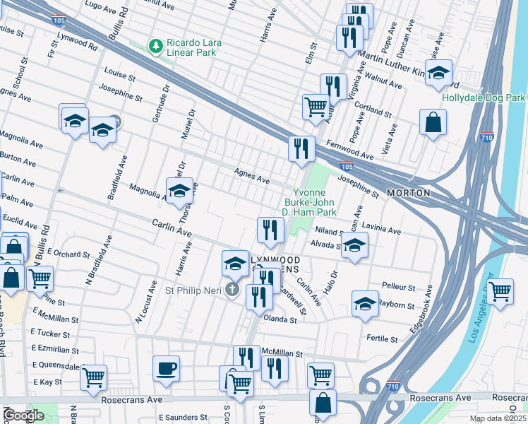 map of restaurants, bars, coffee shops, grocery stores, and more near 12106 2nd Avenue in Lynwood