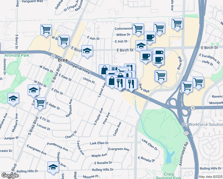 map of restaurants, bars, coffee shops, grocery stores, and more near 860 Imperial Highway in Brea