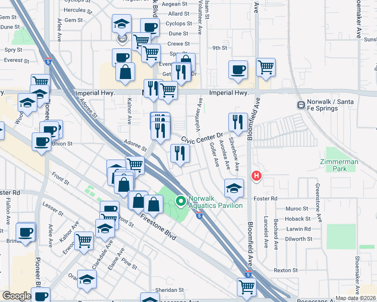 map of restaurants, bars, coffee shops, grocery stores, and more near 12812 Sycamore Village Drive in Norwalk
