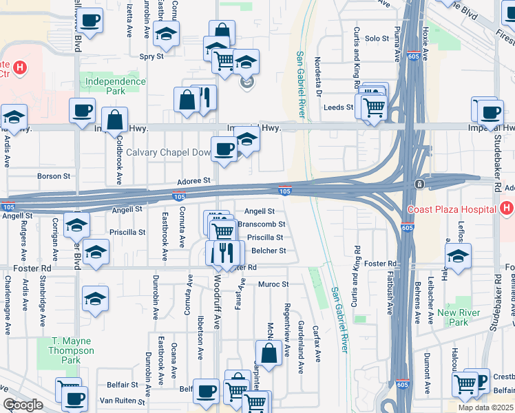 map of restaurants, bars, coffee shops, grocery stores, and more near 10241 Angell Street in Downey