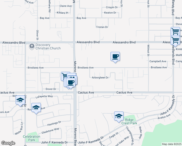 map of restaurants, bars, coffee shops, grocery stores, and more near 14320 Annadale Drive in Moreno Valley