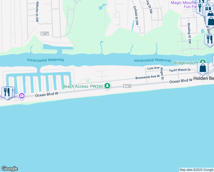 map of restaurants, bars, coffee shops, grocery stores, and more near 302 Ocean Boulevard West in Holden Beach