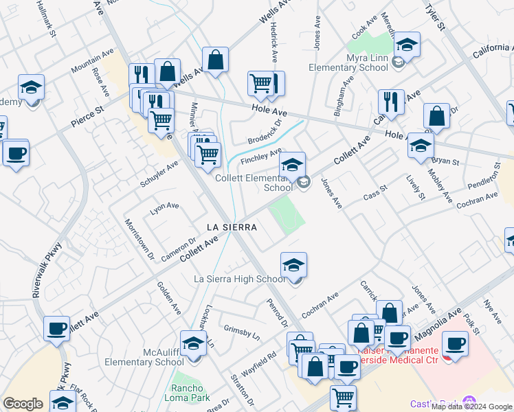 map of restaurants, bars, coffee shops, grocery stores, and more near 10997 Collett Avenue in Riverside