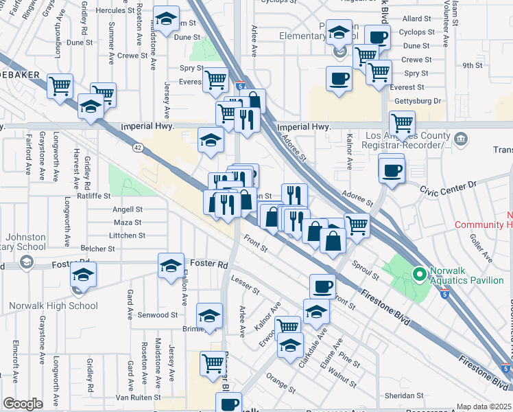 map of restaurants, bars, coffee shops, grocery stores, and more near 11838 Sproul Street in Norwalk