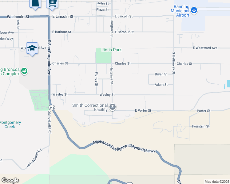 map of restaurants, bars, coffee shops, grocery stores, and more near 843 Wesley Street in Banning