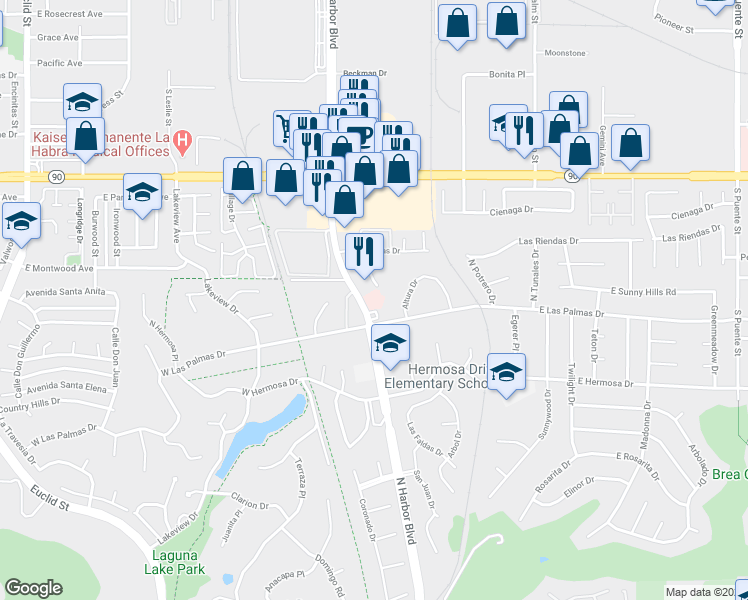 map of restaurants, bars, coffee shops, grocery stores, and more near 1472 South Harbor Boulevard in La Habra