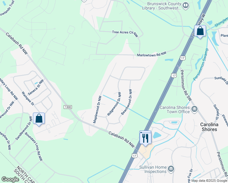 map of restaurants, bars, coffee shops, grocery stores, and more near 364 Cypress Court Northwest in Calabash