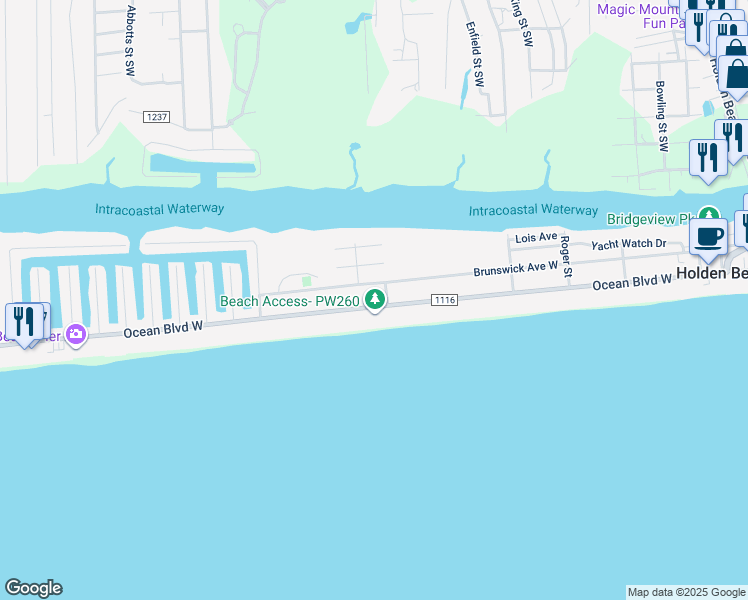 map of restaurants, bars, coffee shops, grocery stores, and more near 302 Ocean Boulevard West in Holden Beach