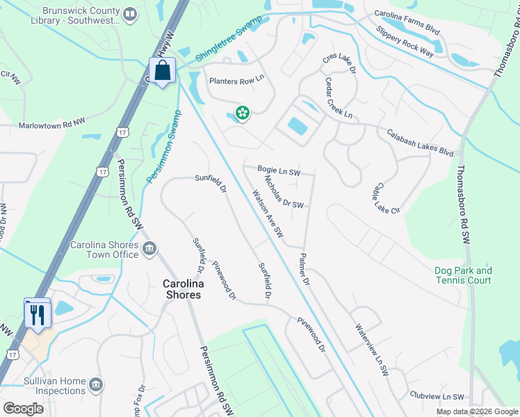 map of restaurants, bars, coffee shops, grocery stores, and more near 852 Watson Avenue Southwest in Calabash
