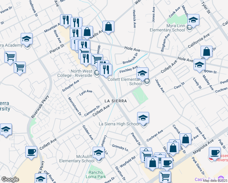 map of restaurants, bars, coffee shops, grocery stores, and more near 4384 Drexel Avenue in Riverside